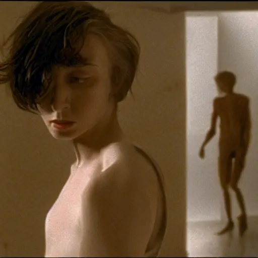 Image similar to a man and a robot in a moment of jealousy, movie still, film still, Movie by Andrzej Zulawski