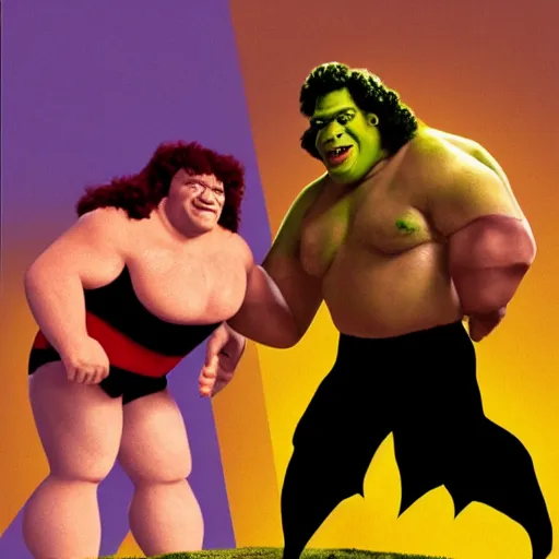 Image similar to WWF poster for shrek vs andre the giant at wrestlemania 8, dramatic lighting, 8k ,