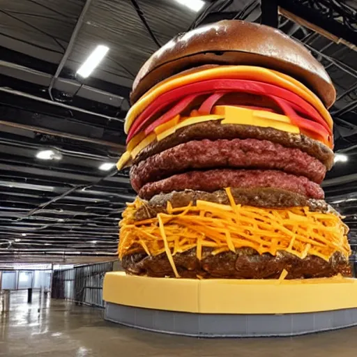 Image similar to a 1 5 foot tall burger with 1 0 0 0 slices of cheese on it stacking up to the ceiling