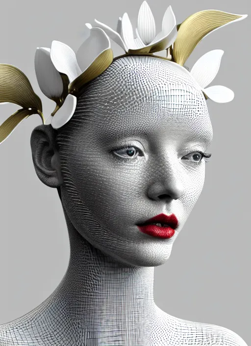 Image similar to complex 3d render ultra detailed of a beautiful porcelain profile woman face, mechanical cyborg, 150 mm, beautiful natural soft light, rim light, silver gold details, magnolia big leaves and stems, roots, fine foliage lace, maze like, mesh wire, intricate details, hyperrealistic, ultra detailed, mandelbrot fractal, anatomical, red lips, white metal neocubism armor, facial muscles, cable wires, microchip, elegant, octane render, H.R. Giger style, 8k