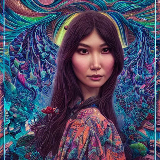 Image similar to portrait of gemma chan, hyper detailed masterpiece, neon floral pattern, jean giraud, digital art painting, darkwave goth aesthetic, psychedelic, artgerm, donato giancola and tom bagshaw