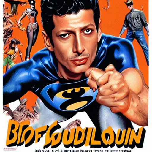 Image similar to young jeff goldblum as bruce wayne, muscular, batman t shirt, movie poster, joe jusko, boris vallejo