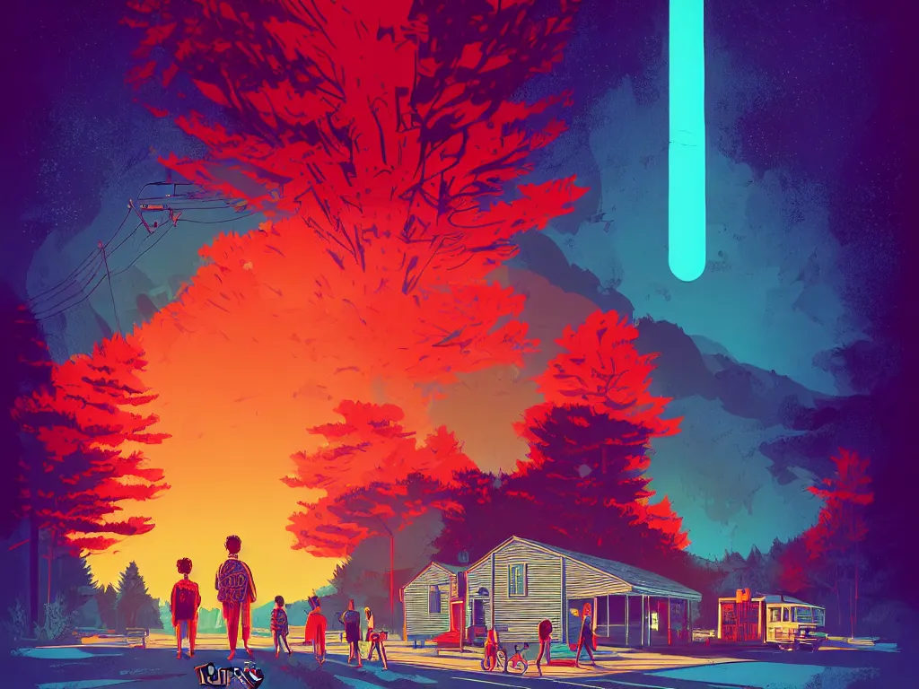 Prompt: a travel poster illustration depicting hawkins stranger things, vintage style, detailed illustration, digital painting, vector art, trending on artstration, trending on behance, by anton fadeev, by alena aenami, by makato shinkai