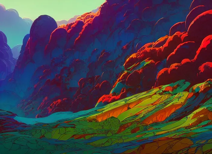 Image similar to psychedelic art of a landscape made of dragons, detailed, cel shaded, by makoto shinkai and moebius and anton fadeev and james gurney