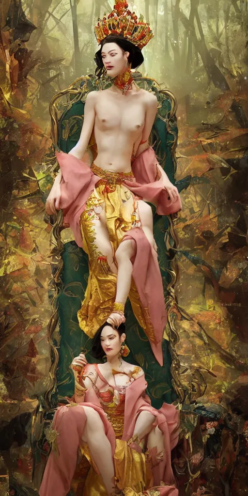 Image similar to Portrait of Stoya as a oriental queen on her throne in the forets, by Sergey Kolesov, trending on Artstation, 8k, masterpiece, graffiti paint, dishonored, fine detail, full of color, intricate detail