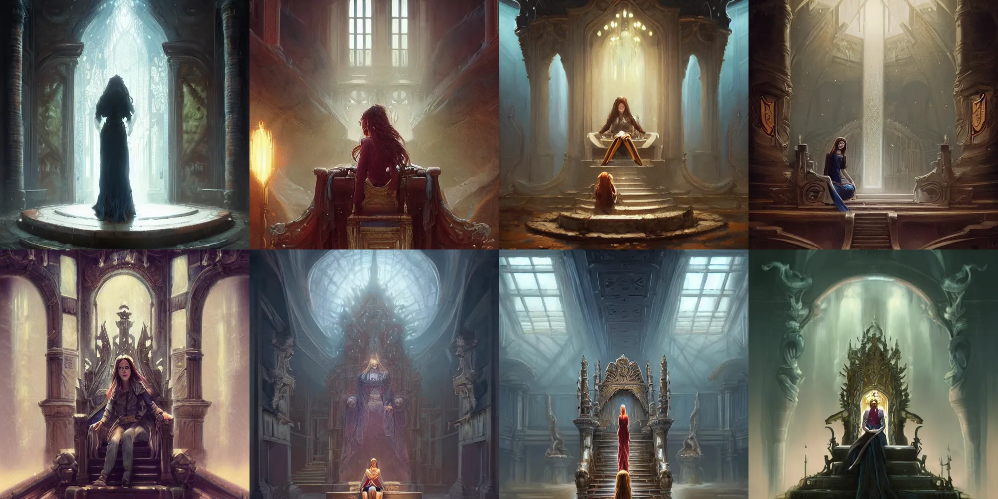 Prompt: masterpiece detailed paiting of a tall throne room with a teenage girl with brown hair, wearing old jeans and worn shirt sitting in a tall throne os spikes, volumetric lighting, foggy, featured on Artstation, by WLOP, Ross Tran, Greg Rutkowski, Dan Mumford, Christophe Vacher