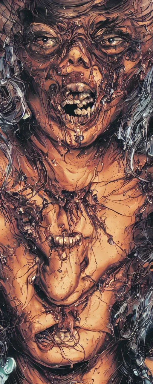 Prompt: closeup of face melting in agony, inside dark oil, frontal picture, by masamune shirow, josan gonzales and dan mumford