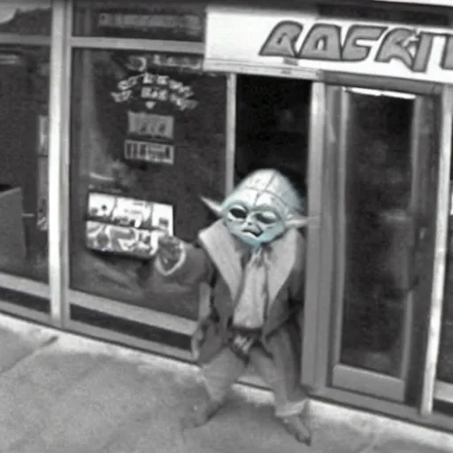 Prompt: cctv footage of yoda robbing a liquor store,