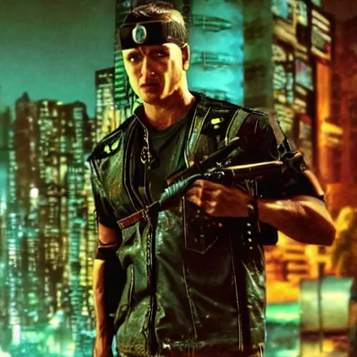 Image similar to Bionic Rambo in a cyberpunk world, movie still