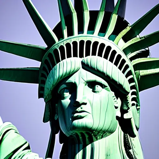 Prompt: professional cityscape photo of the statue of liberty as a native indian with head dress, coper cladding