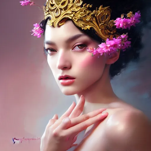 Prompt: realistic expressive oil painting, of alluring european princess, seductive look, smooth glowing skin, glistening body, love, adoration, ornate headpiece made from flowers, glamour shot, by yoshitaka amano, by greg rutkowski, by jeremyg lipkinng, by artgerm, digital art, octane render