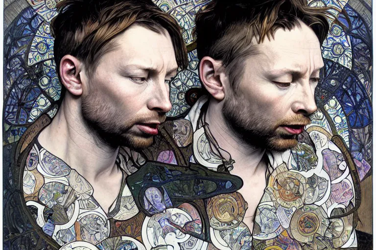 Image similar to hyper realistic portrait of singer songwriter, by lee bermejo, alphonse mucha and greg rutkowski, thom yorke