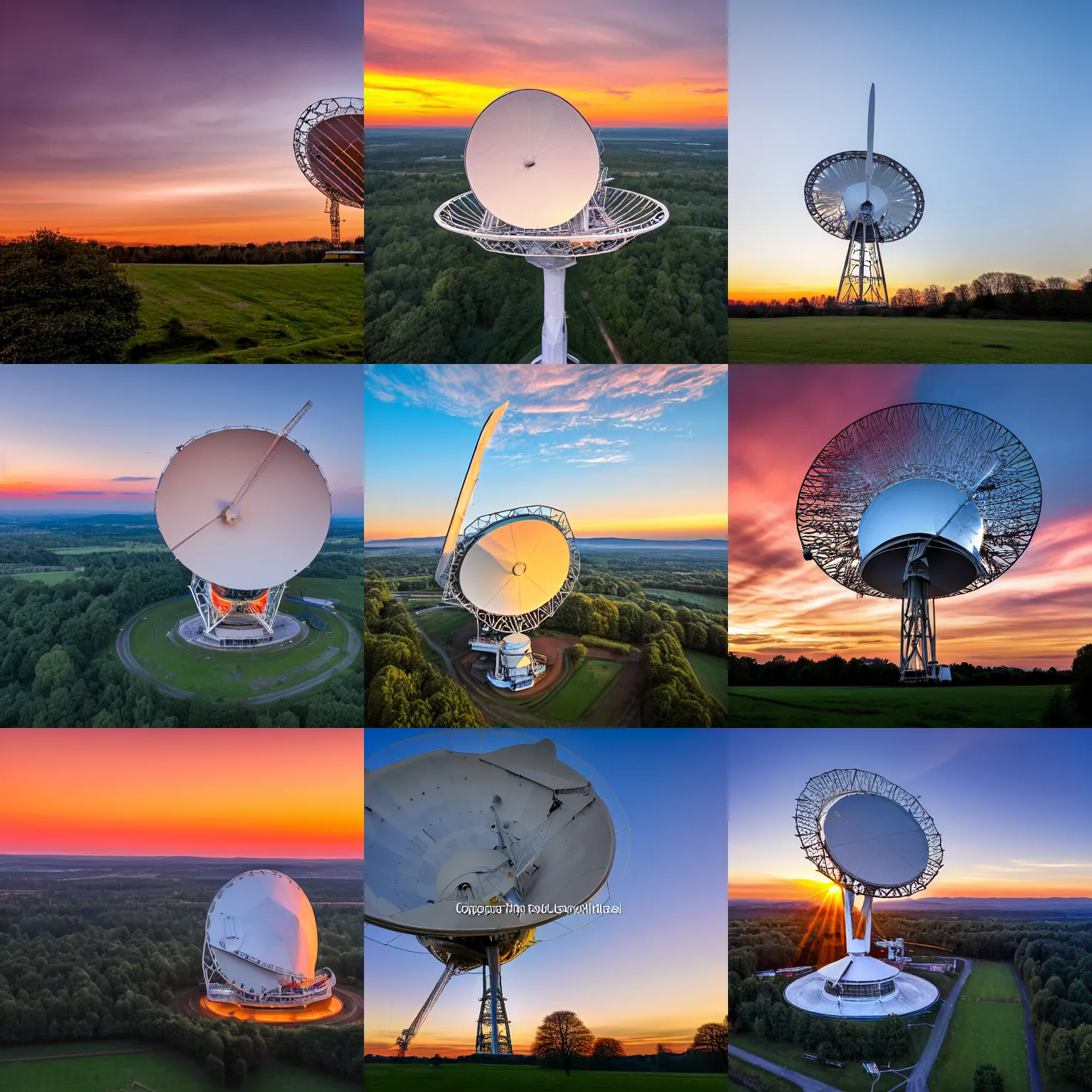 Prompt: The Jodrell Bank Lovell radio telescope dish on the Cheshire plane at sunset, wide angle lens, high quality photograph, 4K