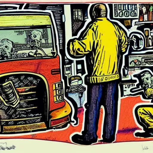 Image similar to The Artwork of R. Crumb and his Cheap Suit Breaking-Bad-Walter-White meth-lab, wearing a bio-hazard suit pencil and colored marker artwork, trailer-trash lifestyle