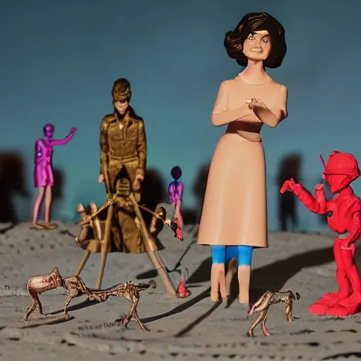 Image similar to jackie kennedy at burning man, activity play centre, stop motion vinyl action figure, plastic, toy, wayne barlowe style