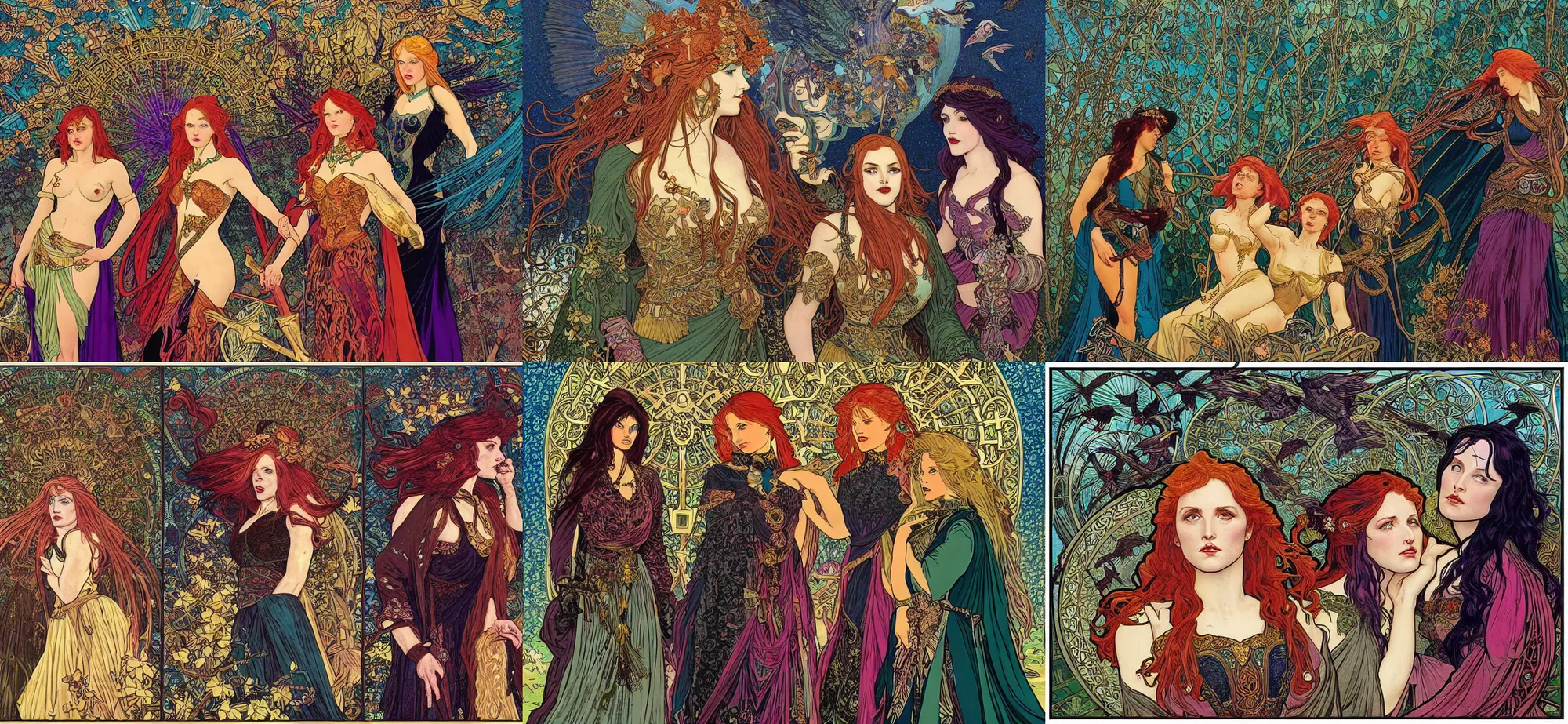 Prompt: a fine art painting of the Badb or Morrigan, the three irish celtic godesses of war and battle, one is a redhead, one is a brunette, one is blond, surrounded by a murder of crows, celtic fantasy, painting by dan mumford and jim fitzpatrick, by Alphonse Mucha, detailed, colorful