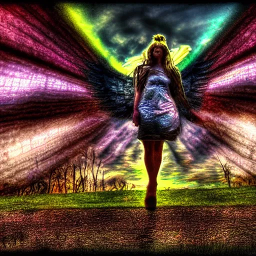 Image similar to lsd angel, trippy, hdr, dramatic lighting, photography