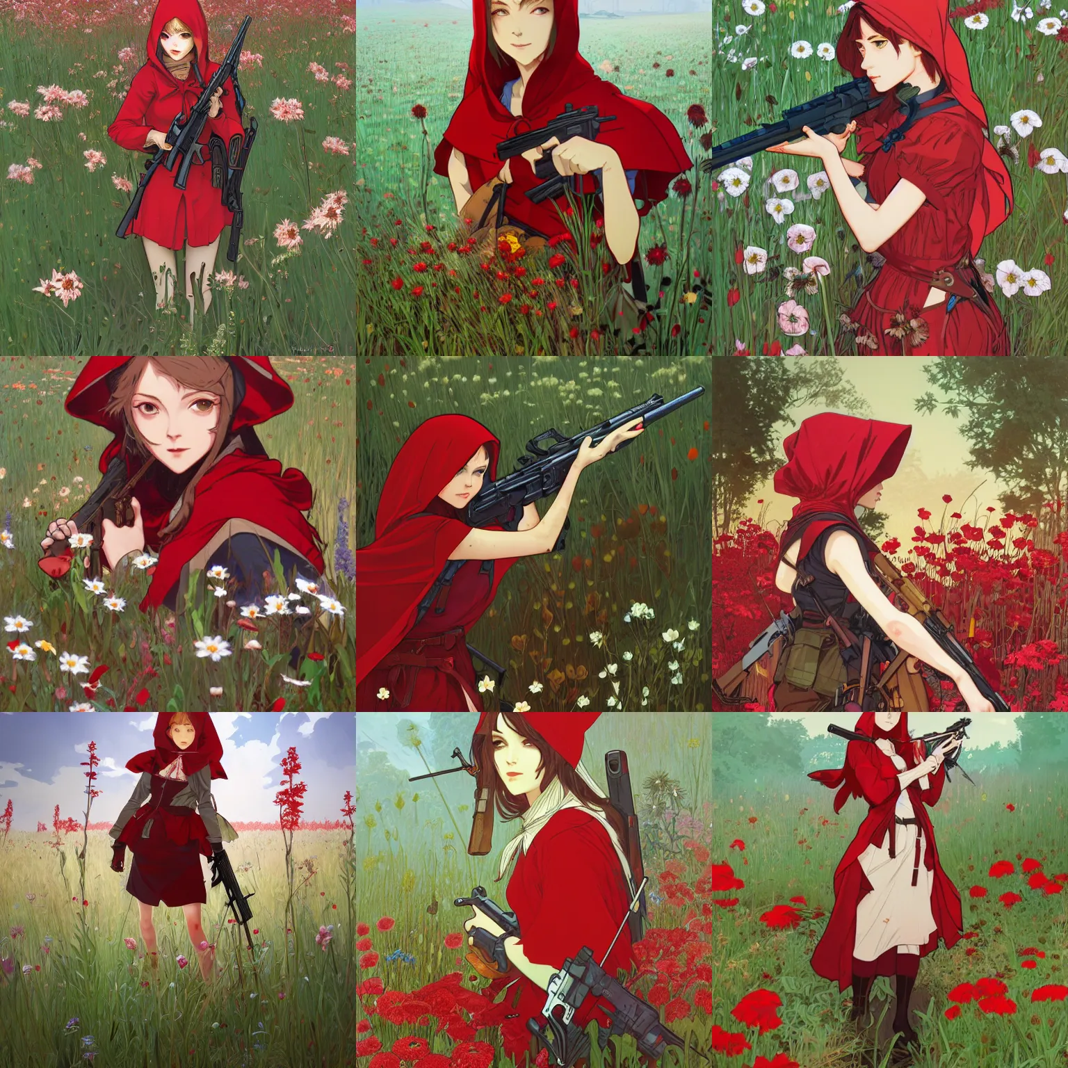 Prompt: Portrait of Red Riding Hood armed with a rifle in a field of flowers, fantasy, highly detailed, artstation, digital illustration, concept art, by Kyoto Animation and Studio Ghibli, by Ilya Kuvshinov and Alphonse Mucha