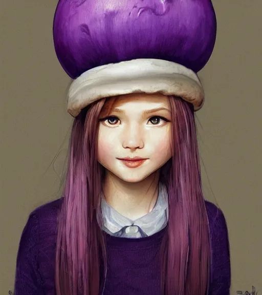 Prompt: a beautiful little girl wearing a mushroom hat sitting | | cute - fine - subtle smile, curved purple hair, face, pretty face, fine details by stanley artgerm lau, wlop, rossdraws, james jean, andrei riabovitchev, marc simonetti, and sakimichan, trending on artstation