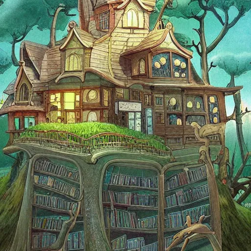 Detailed digital illustration anime house tree magic room