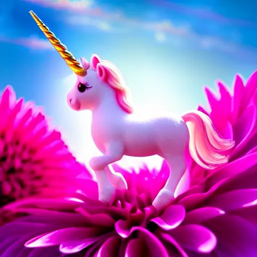 Image similar to very cute and tiny unicorn cat on Dahlia flower flying, pink cloudy in blue sky background, pixar style, cinematic lightning, award winning creature photography