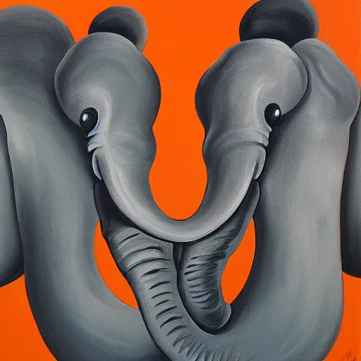 Image similar to An abstract painting of swirling elephants by Salvador Dali, orange and gray color palette