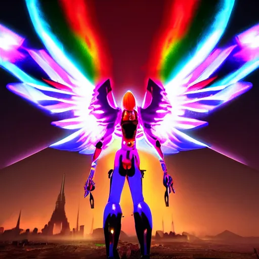 Image similar to evangelion angel invaders with neon rainbow wings colorful 4 k ceremonial path traced high definition detailed artstation realistic trending dramatic lighting dark and light contrast gothic