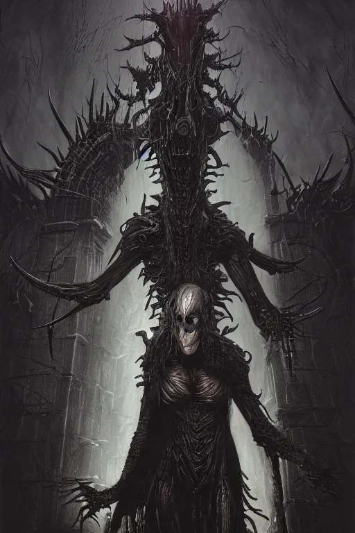 Image similar to portrait of claudia black by hr giger, greg rutkowski and wayne barlowe as a diablo, dark souls, bloodborne monster