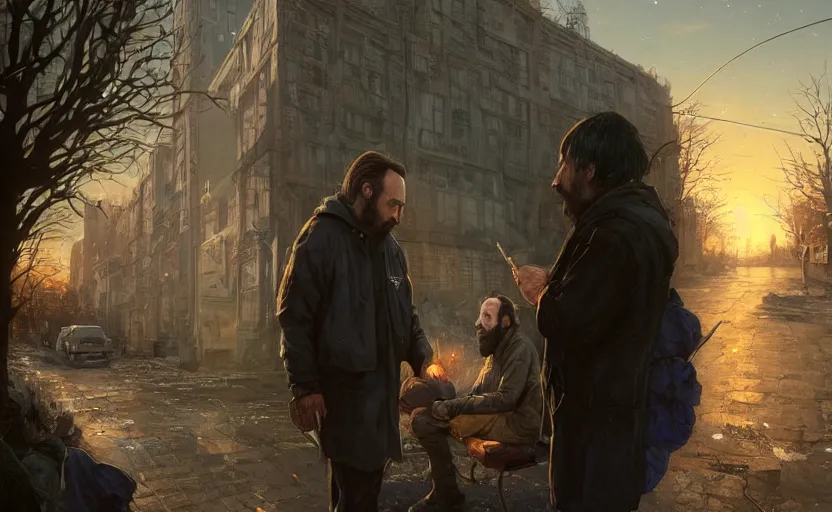 Image similar to highly detailed portrait of joe biden as a homeless, conversing with nicolas cage, stephen bliss, unreal engine, fantasy art by greg rutkowski, loish, rhads, ferdinand knab, makoto shinkai and lois van baarle, ilya kuvshinov, rossdraws, tom bagshaw, global illumination, radiant light, detailed and intricate environment