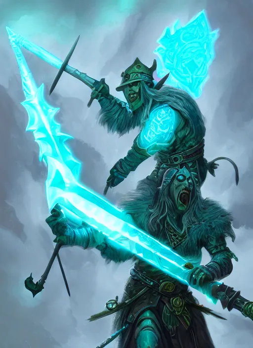 Image similar to Glowing DND Battleaxe emanating teal energy, dungeons and dragons, highly detailed, digital painting, 8k, HD