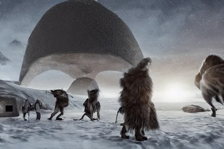 Image similar to the most amazing dream you ever had about black african hunters at arctic near an igloo, hyper realistic, ambient lighting, concept art, intricate, hyper detailed, smooth, dynamic volumetric lighting, octane, cinematic