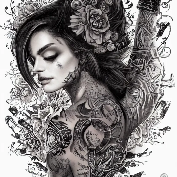 Prompt: Adriana Chechikcovered in floral tattoos and wicca runes , D&D, fantasy, highly detailed, digital art, trending on artstation, smooth, sharp focus, illustration, art by Peter Tang and artgem