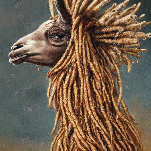 Image similar to llama with dreadlocks, by greg rutkowski, ernst haeckel, james jean