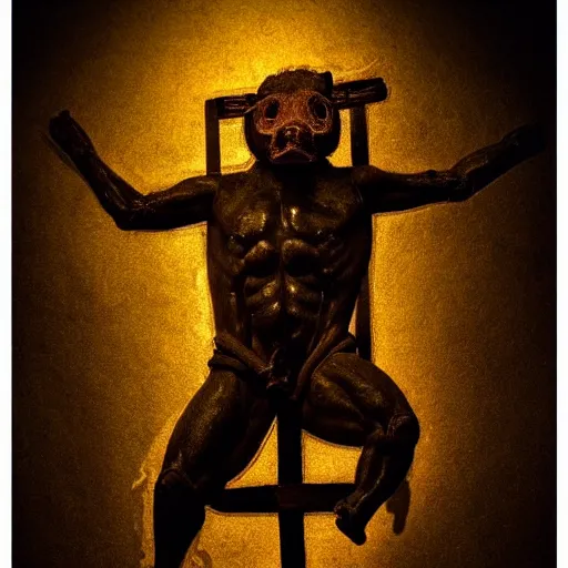 Image similar to a highly detailed realistic photographic render crucified humanoid pig, christ with the head of a pig, dead souls, religious sculpture, creepy, cinematic lighting, cinematic scene, Volumetric lighting, Atmospheric scene, Dark, Horror, Atmospheric lighting, Global illumination, realistic, photo realism, hyper realistic, hyper realism, photo realisitc, cinematic render, film, beautifully lit, ray traced, octane 3D render, octane render, unreal engine