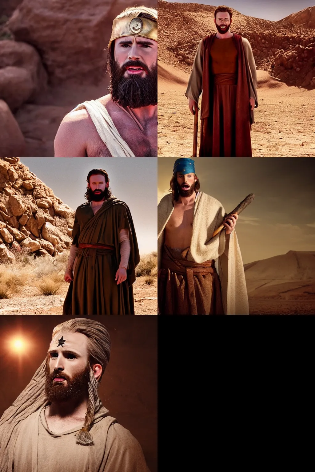 Prompt: photo of Chris Evans dressed up like moses from the bible, cinematic lighting, desert background