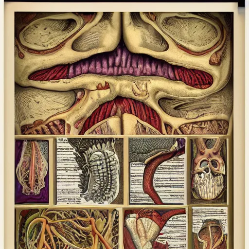 Prompt: highly detailed labeled medical anatomy poster, anatomical drawing on poster paper with notes, extra beautiful colorful full page antique lithograph of artnouveau borders and designs, muted colors, parchment paper, art print, well - lit, ray tracing, horror, eldritch abomination, hyper realistic, 8 k post - processing