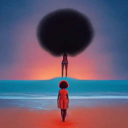 Prompt: a black girl with an afro made of fire standing on the shore of a vast endless opal ocean at sunset, by simon stalenhag