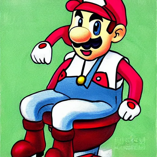 Prompt: mario sitting on a toilet in a middle of the football field, a painting by junji ito