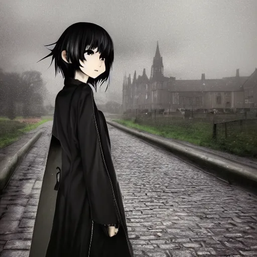 Image similar to 1 7 - year - old anime goth girl, black hair, long bob cut, long bangs, gothic coat, long bangs, united kingdom, rainy day, small town, midlands, english village, street scene, ultra - realistic, sharp details, cold lighting, blue and gray colors, intricate details, subsurface scattering, hd anime, 2 0 1 9 anime