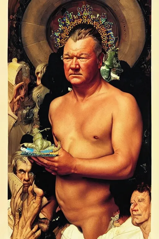 Prompt: upper body portrait of clean-shaven ray winstone as a toad hybrid high priest by norman rockwell and boris vallejo