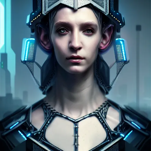 Prompt: cyberpunk robotic dark elvish king, diadem on the head, cyber implants, extremely detailed, hyperrealistic, intricate, soft light, fantasy, digital painting, art station, perfect faces, fine details, by wlop