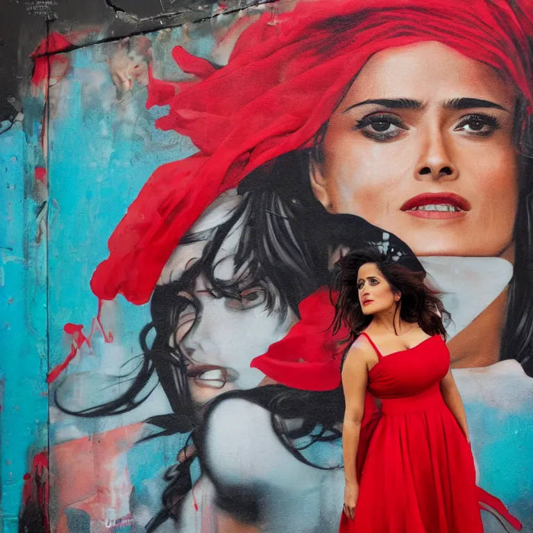 Prompt: Street-art mid-short portrait of Salma Hayek wearing red dress in style of Etam Cru, photorealism, Sony a7R