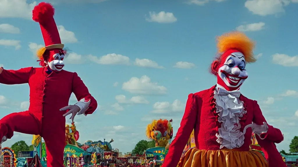 Image similar to the 5 0 foot clown at the fair, film still from the movie directed by denis villeneuve and david cronenberg with art direction by salvador dali and dr. seuss