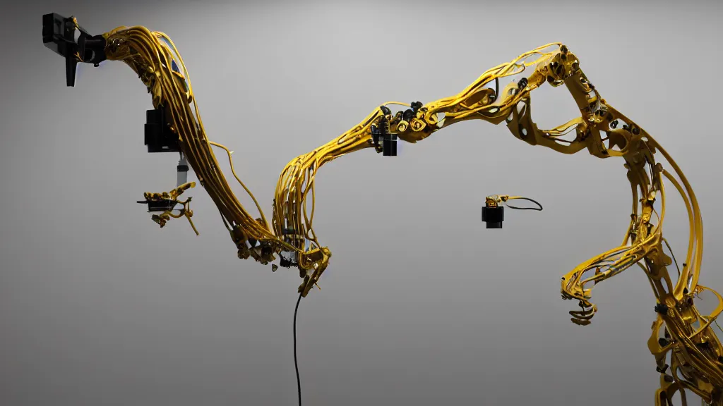 Image similar to a complex bifurcated robotic cnc surgical arm hybrid 3 d printer machine making organic ceramic kintsugi mandlebulb forms in the laboratory room, very thin gold wire, film still from the movie directed by denis villeneuve with art direction by salvador dali, wide lens, f 3 2, cinematic lighting, studio quality, smooth render, unreal engine 5 rendered, octane rendered