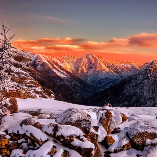 Prompt: beautiful mountains, sunset, snowy