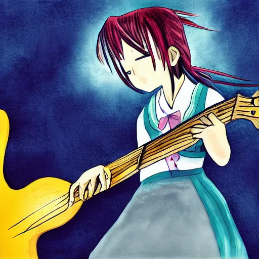 Prompt: in the style of Shinichi Kurita, girl,dragon, guitar, anime