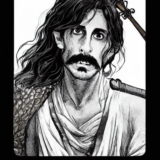 Image similar to pen and ink!!!! attractive 22 year old Frank Zappa x Jared Leto golden Vagabond magic swordsman glides through a beautiful battlefield magic the gathering dramatic esoteric!!!!!! pen and ink!!!!! illustrated in high detail!!!!!!!! by Hiroya Oku!!!!! Written by Wes Anderson graphic novel published on shonen jump 2002 award winning!!!!