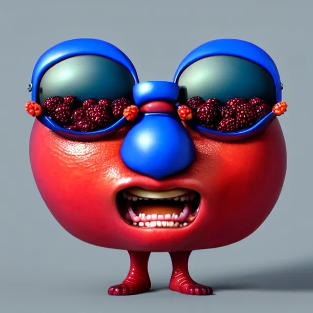 Prompt: bizarre cartoon fruit figurine wearing sunglasses that looks just like samuel l jackson morpheus as a fruit, blue or red, by naoto hattori 8 k, fruit eyes, fruit world, beautiful intricate painting, hyper realistic, studio lighting, octane render