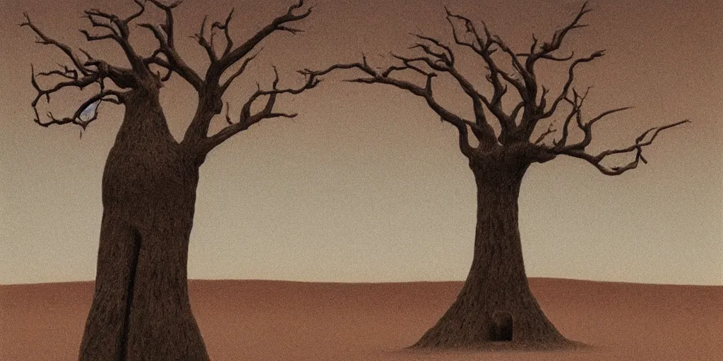 Prompt: dry desert with a tree in the shape of a slender women in the style of Zdzisław Beksiński