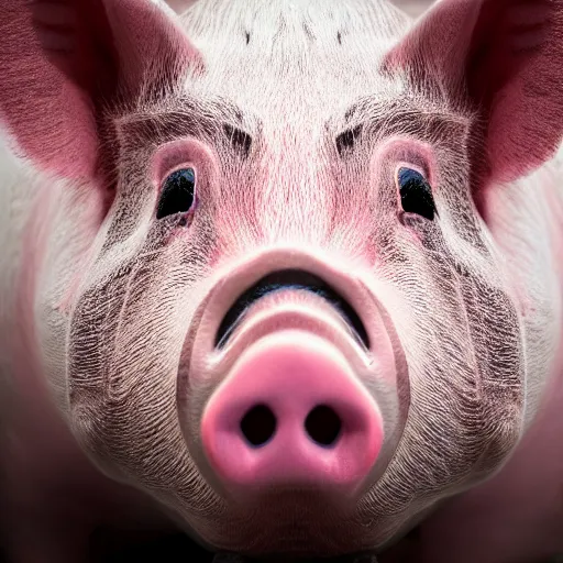 Prompt: photorealistic closeup portrait of pig, art photography, horror, sigma 5 0 mm, f 1. 8, insane details, hyper realistic, 8 k, full figure poster, volumetric lighting, very detailed face, 4 k, award winning